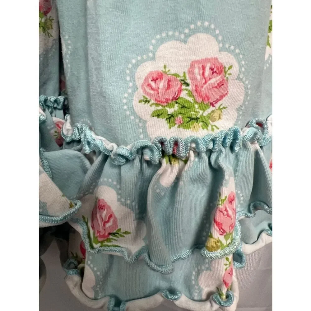 Swoon Baby blue with pink rose print ruffle hem twirl dress size 5